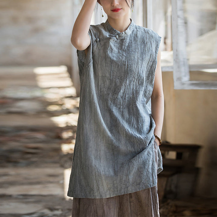 Camiseta sin mangas con botones de rana de lino y ramio teñida anudada hecha a mano con Buddha Stones