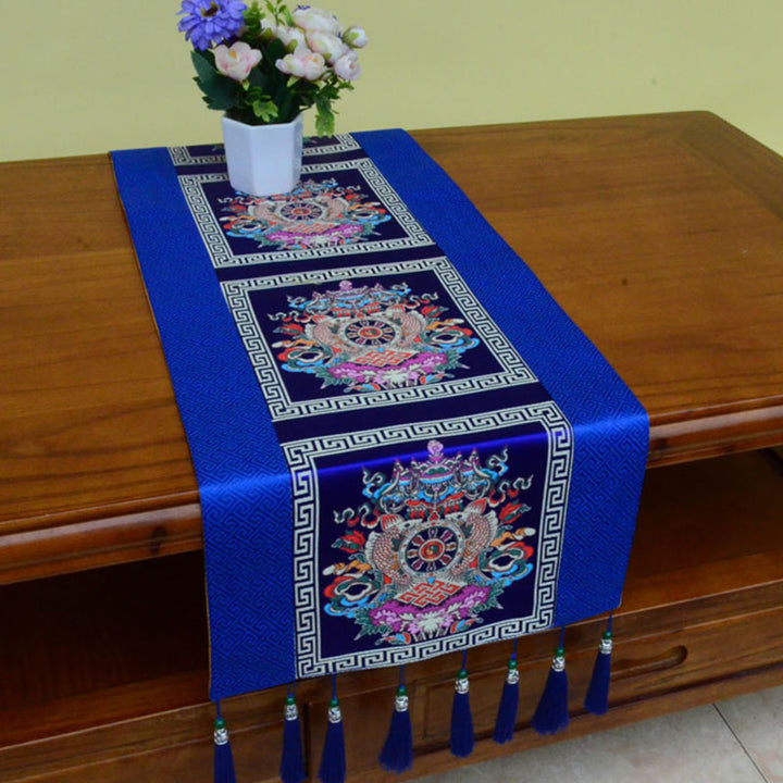 Tapete para altar de oración con Buddha Stones , Man-Bcu, Kalachakra, nudo sin fin, Vajra, símbolos propicios tibetanos, camino de mesa con borlas