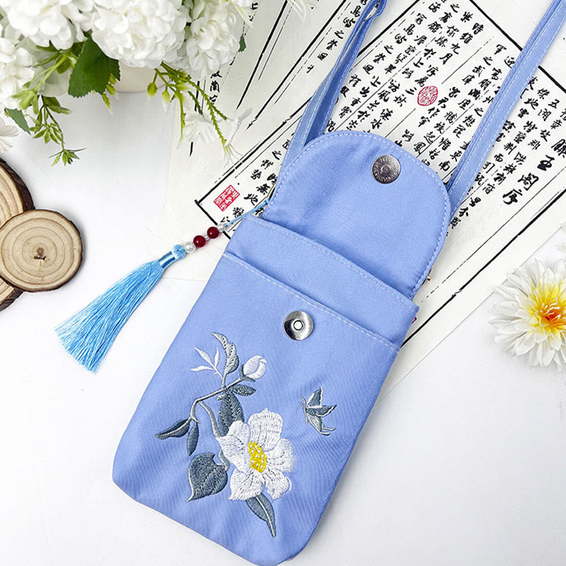 Bolso bandolera con flores bordadas pequeñas y Buddha Stones, bolso de hombro, bolso para móvil de doble capa