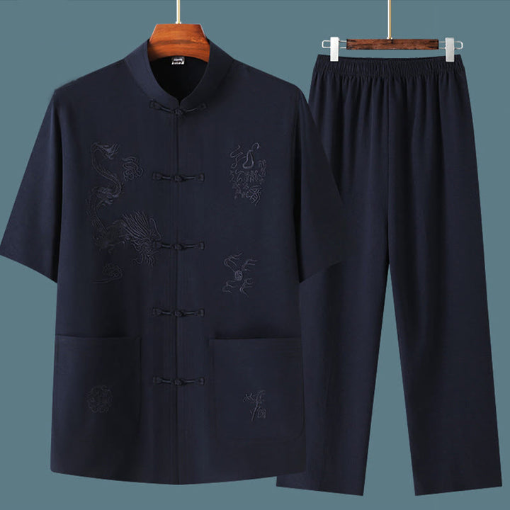 Traje Tang de Buddha Stones Hanfu dragón chino uniforme de kungfú tradicional camisetas y pantalones de manga corta conjunto de ropa para hombre
