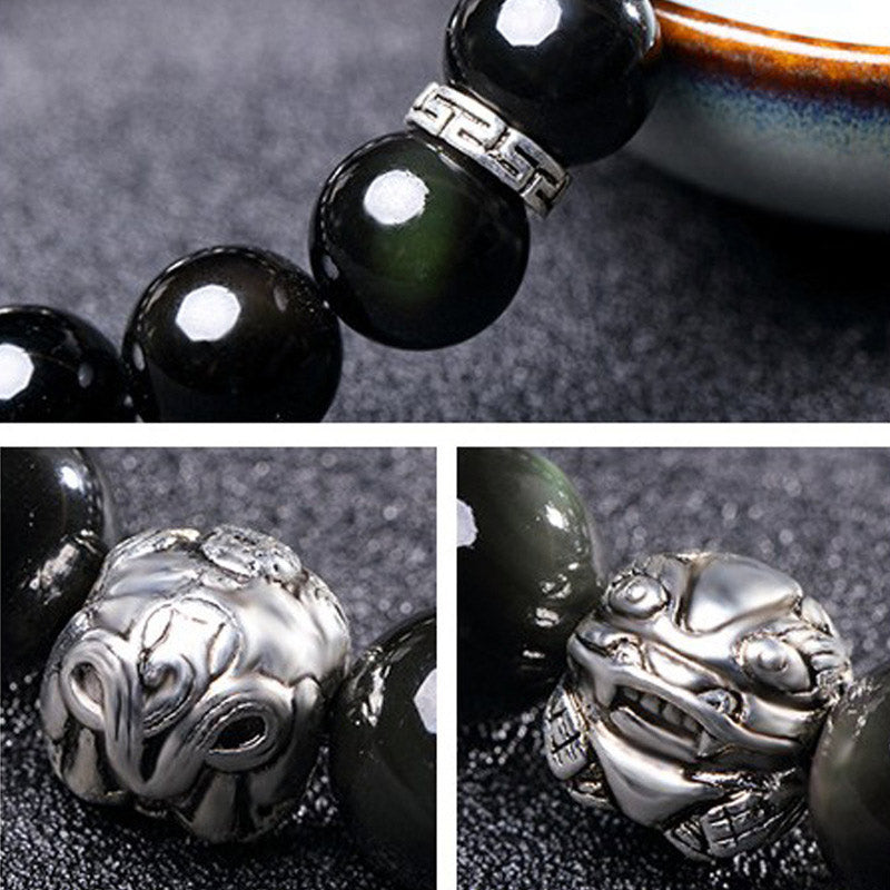 Pulsera de bendición PiXiu de obsidiana arcoíris natural FengShui
