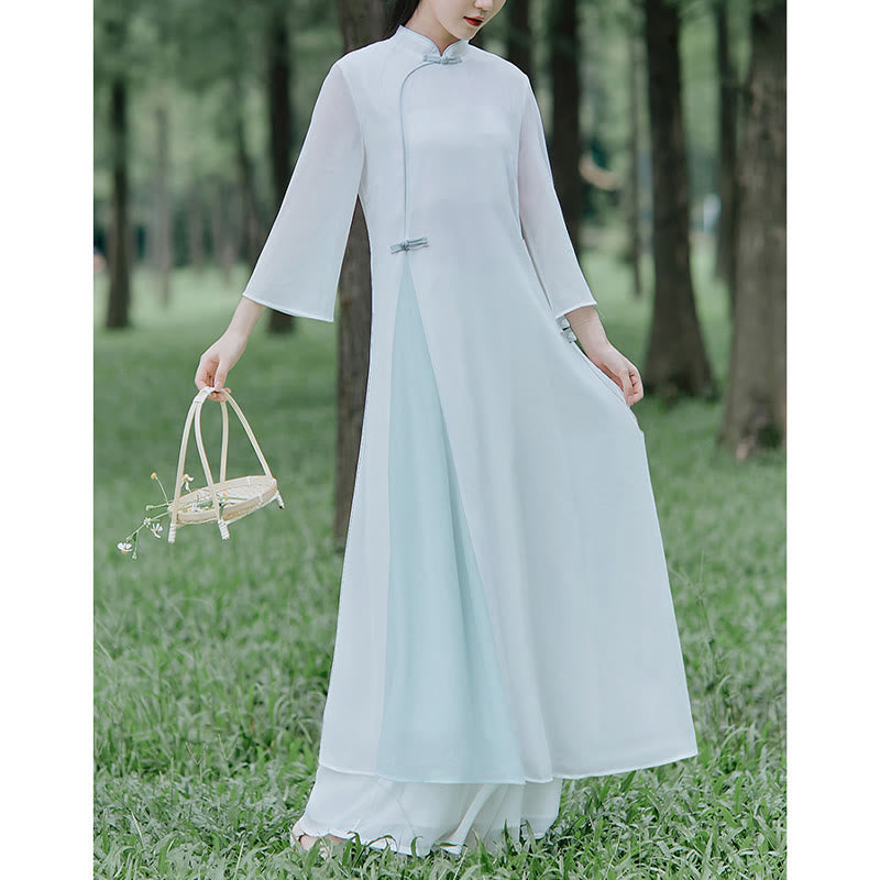 Vestido midi Cheongsam de gasa con manga tres cuartos y Buddha Stones , pantalones de pierna ancha, ropa de práctica Zen para meditación