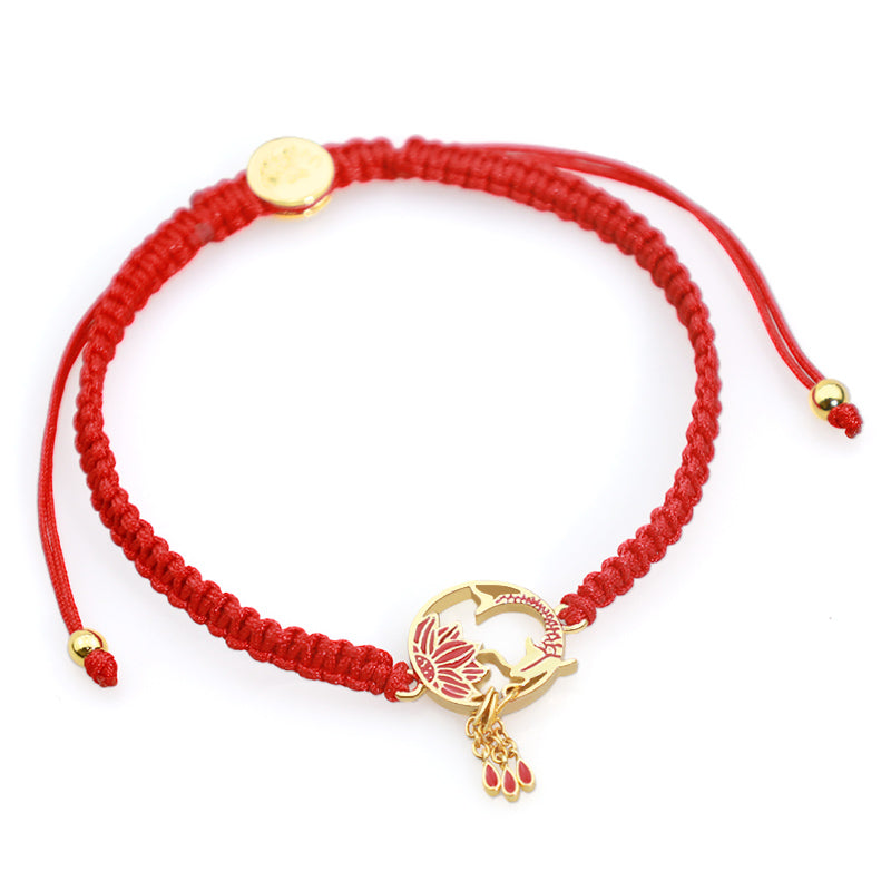 Pulsera de hilo rojo de la suerte con pez Koi de loto hecho a mano tibetano con Buddha Stones