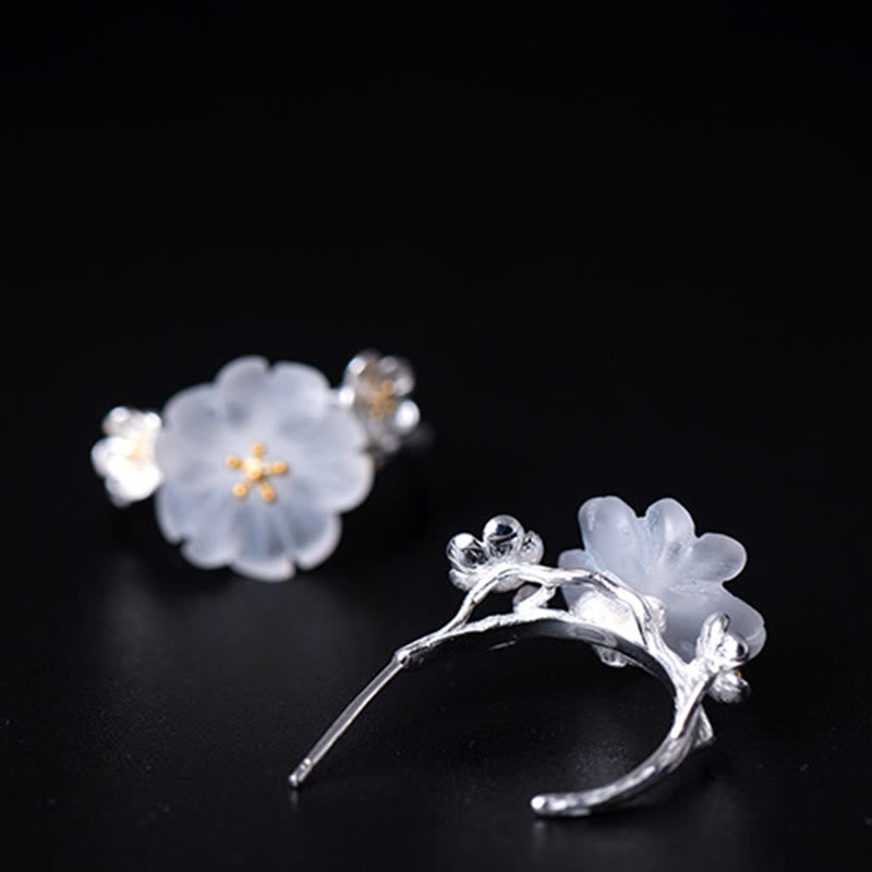 Pendientes de bendición floral de flor de ciruelo de plata de ley 925 con Buddha Stones