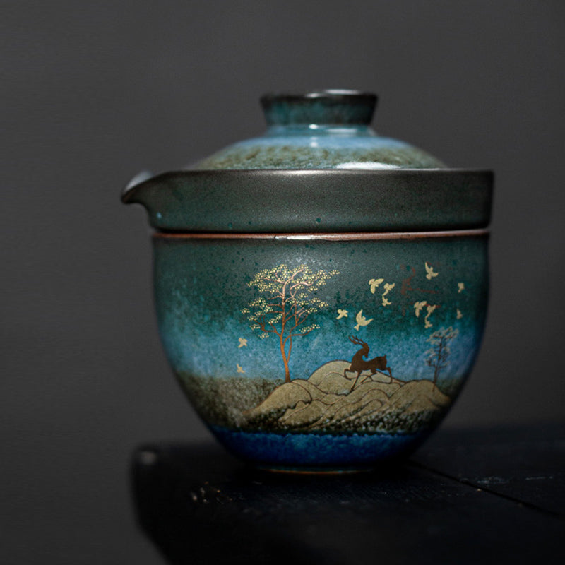 Taza de té de cerámica con Buddha Stones , ciervo, árboles de montaña, gato encantador, taza de té negra con tapa y bolsa