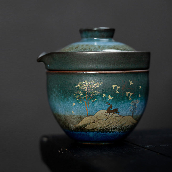 Taza de té de cerámica con Buddha Stones , ciervo, árboles de montaña, gato encantador, taza de té negra con tapa y bolsa