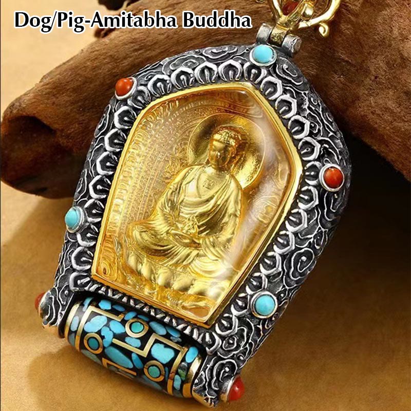 Colgante de collar de cuentas Dzi giratorio del zodiaco chino del Tíbet Buda natal Thangka prosperidad - Perro/Cerdo-Buda Amitabha - image 13