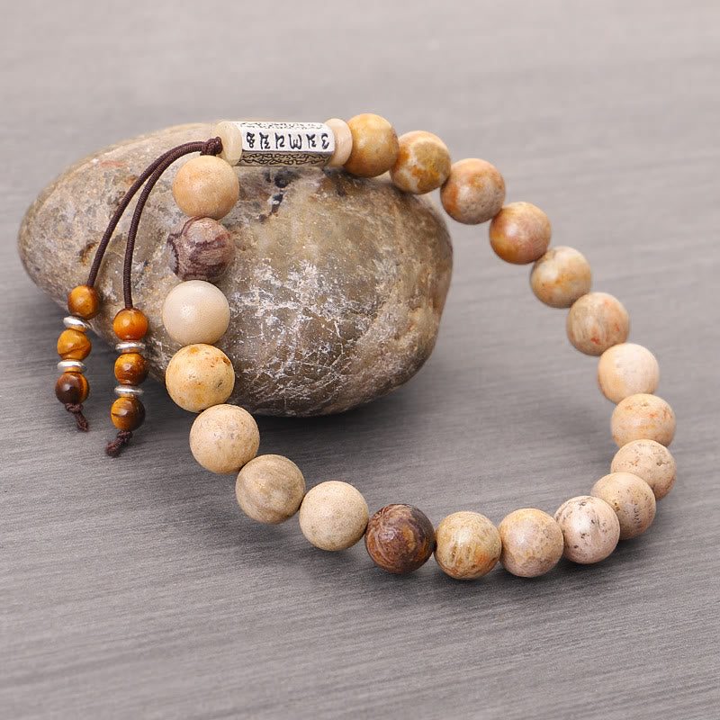 Pulsera fortalecida Om Mani Padme Hum de piedra desgastada