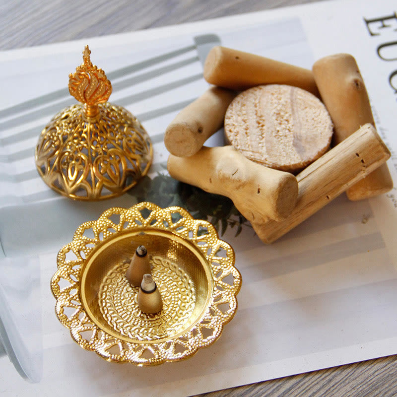 Mini quemador de incienso curativo de aleación de oro con decoración del hogar de posavasos de madera