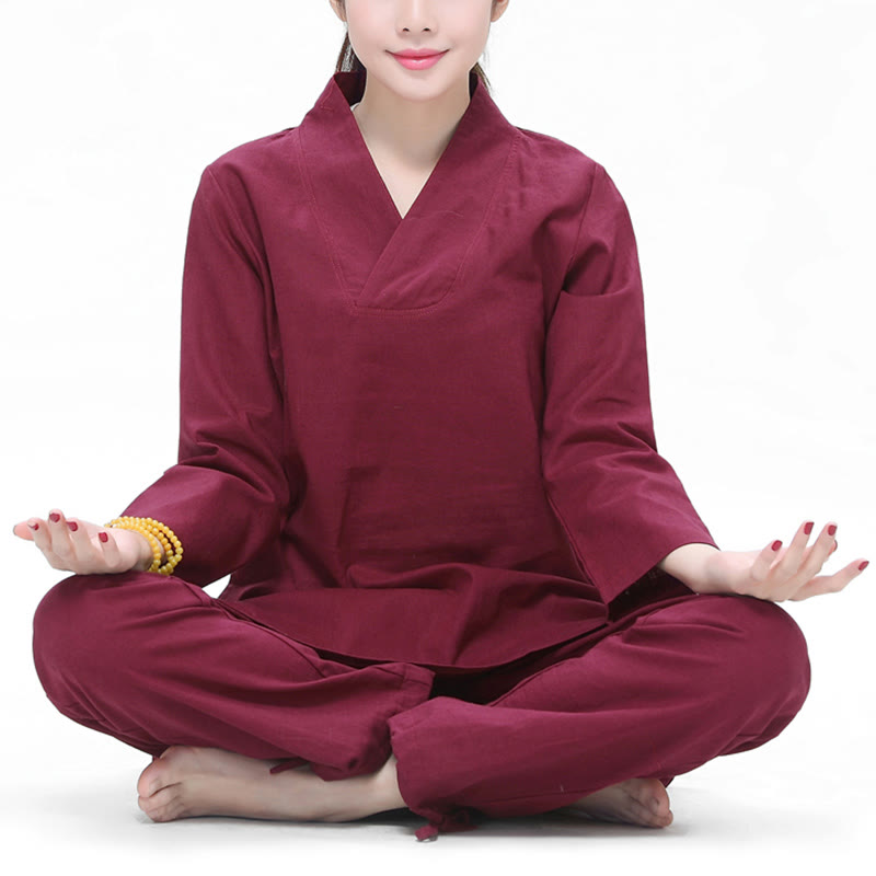 Conjunto de ropa de lino y algodón para mujer, uniforme con diseño de Buddha Stones, práctica Zen, Yoga, meditación, oración, cuello en V - Rojo oscuro - US6，UK/AU10，EU38 (2XL) - image 0