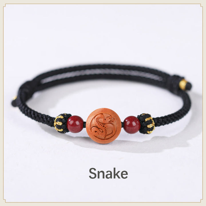 Pulsera de riqueza de cinabrio tallada con carácter del zodíaco chino, madera de melocotón Natural, Buddha Stones - Serpiente-Negro (Circunferencia de la muñeca 14-18 cm) - image 18