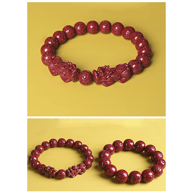 Pulsera de cuentas de cinabrio PiXiu doble Natural Om Mani Padme Hum riqueza y suerte
