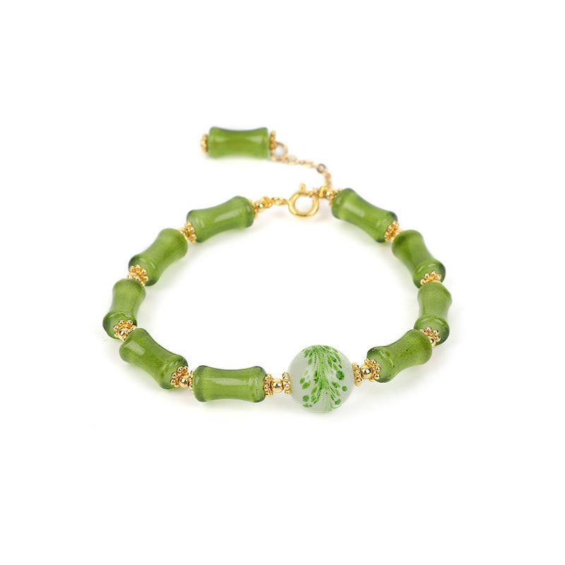 Pulsera de cadena de riqueza con Buddha Stones, patrón de bambú verde, cristal Liuli, ágata musgo