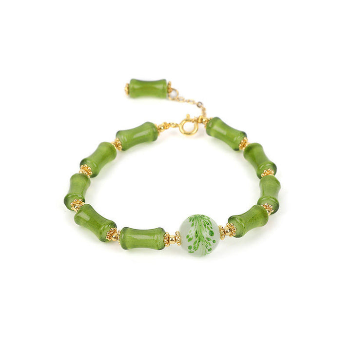 Pulsera de cadena de riqueza con Buddha Stones, patrón de bambú verde, cristal Liuli, ágata musgo