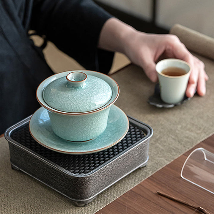Taza de té y platillo de cerámica con esmalte de hielo, Retro verde, Buddha Stones , Gaiwan Sancai, Kung Fu