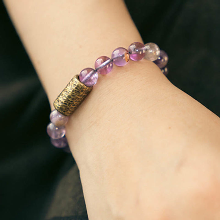 Buddha Stones Cristal blanco Cuarzo hematoide rojo Cuarzo rutilado dorado Pulsera de protección fantasma púrpura