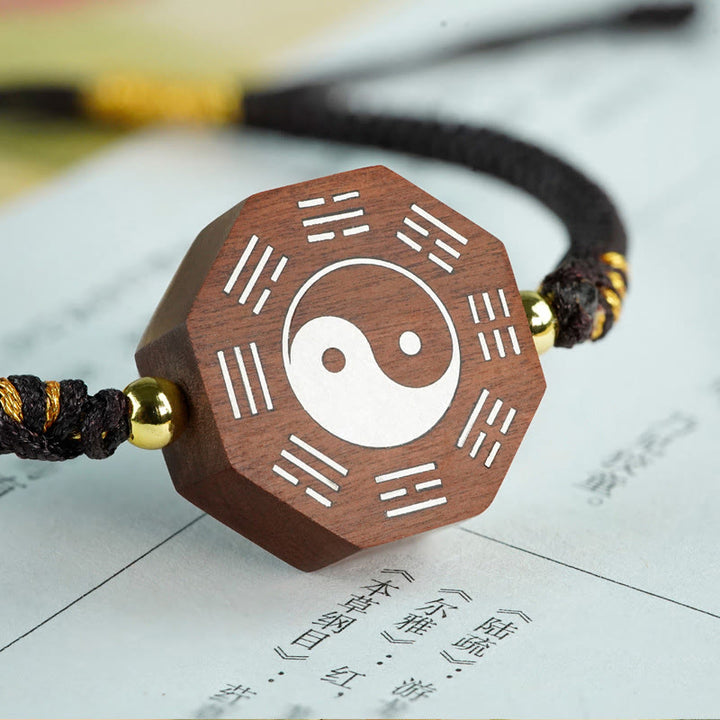 Buddha Stones hoja pequeña sándalo rojo madera de azufaifo madera de ébano plata con incrustaciones Yin Yang Bagua pulsera de protección de cazo grande