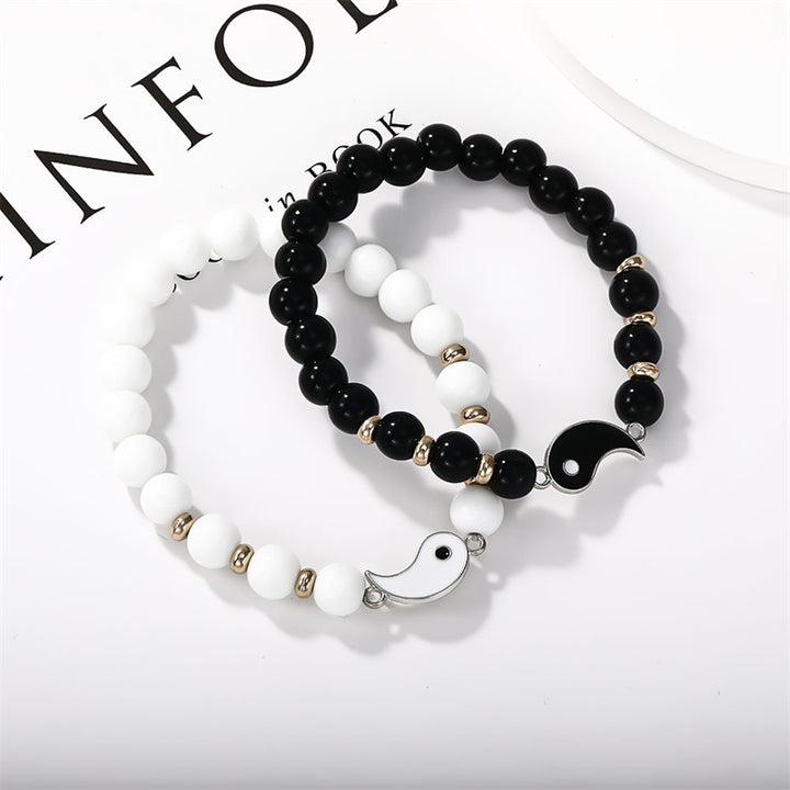 Buddha Stones 2 uds. Pulsera de pareja de protección Yin Yang con cuentas de turquesa blanca y ónix negro