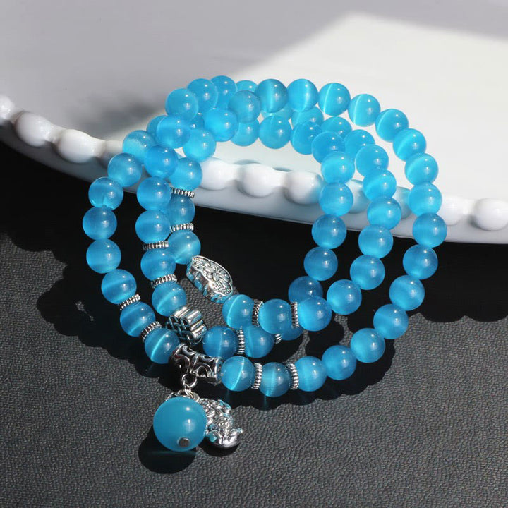 Pulsera de triple vuelta con soporte PiXiu de ojo de gato y Buddha Stones