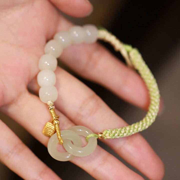 Pulsera trenzada con doble hebilla de paz y cuentas de jade hetiano natural, Buddha Stones, carácter Fu, abundancia