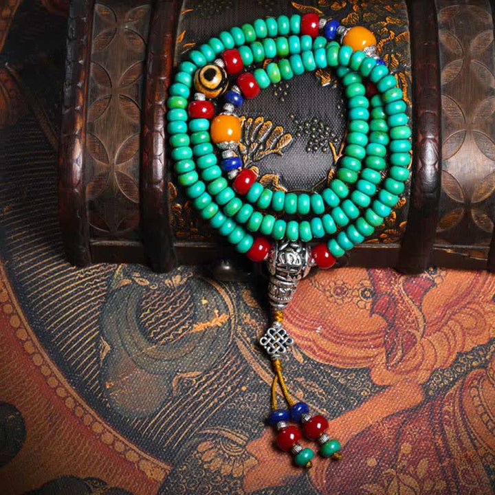 Pulsera de protección de cuentas Dzi de turquesa tibetana con 108 cuentas Mala