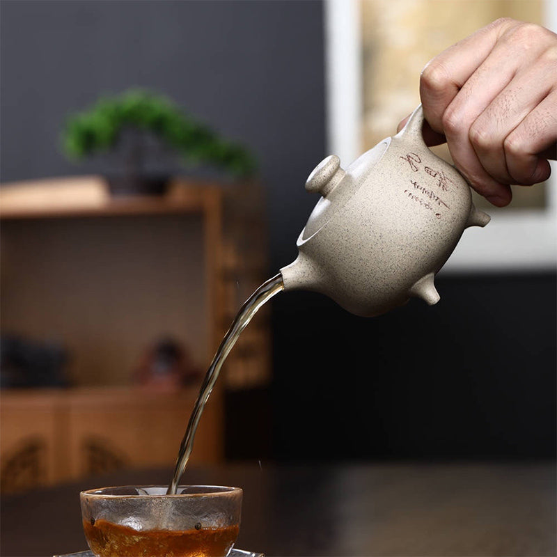 Tetera de Kung Fu de arcilla púrpura beige semihecha a mano con Buddha Stones Yixing 200ml