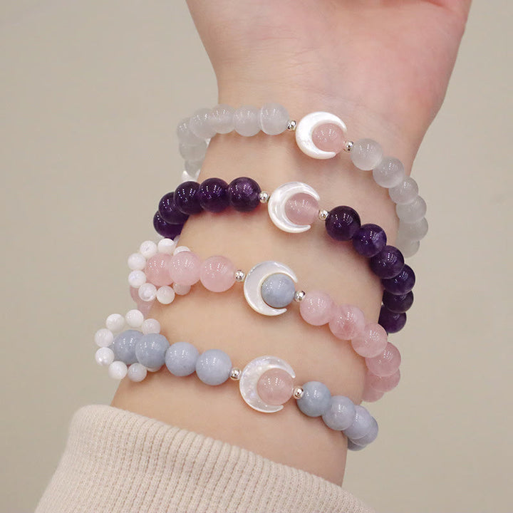 Pulsera de plata de ley 925 con Buddha Stones, amatista natural, aguamarina, cristal rosa, ojo de gato, luna creciente curativa