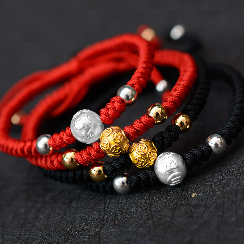 Pulsera de pareja de cuerda de fuerza de la suerte con moneda de cobre Om Mani Padme Hum de plata de ley 999 con Buddha Stones - image 1