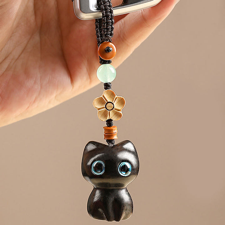 Buddha Stones, Mini hoja pequeña, sándalo rojo, madera de ébano, gato de la suerte, gatito encantador, llavero de la paz, decoración colgante para teléfono