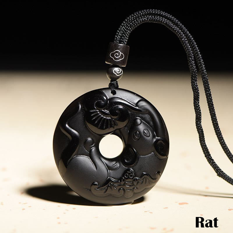 Collar con colgante de fuerza con hebilla de paz, obsidiana negra Natural del zodíaco chino , Buddha Stones - Rata - image 13