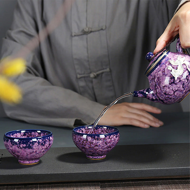 Taza de té de porcelana con Buddha Stones, flores de Iris coloridas, horno chino Jianzhan, cambio, Tenmoku, Kung Fu