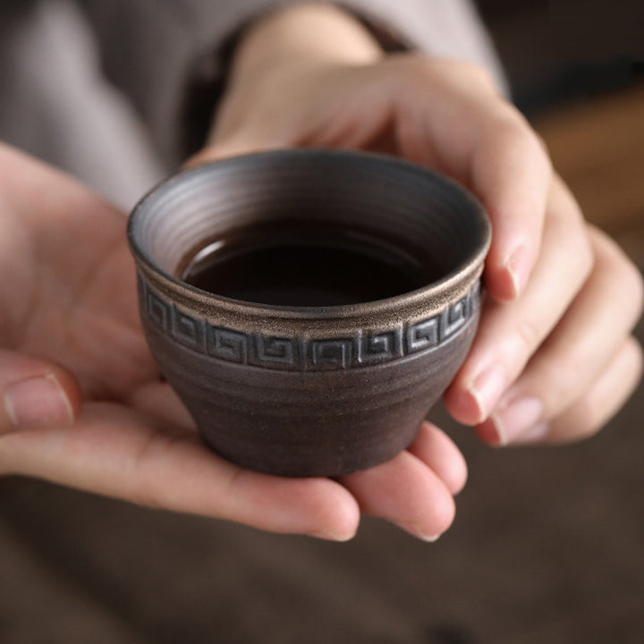 Taza de té de cerámica con textura de rayas marrones simples , Buddha Stones, tazón de taza de té de Kung Fu