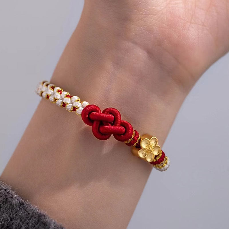 Pulsera de cuerda de la suerte con dije de flor de melocotón, nudo de amor verdadero hecho a mano con Buddha Stones