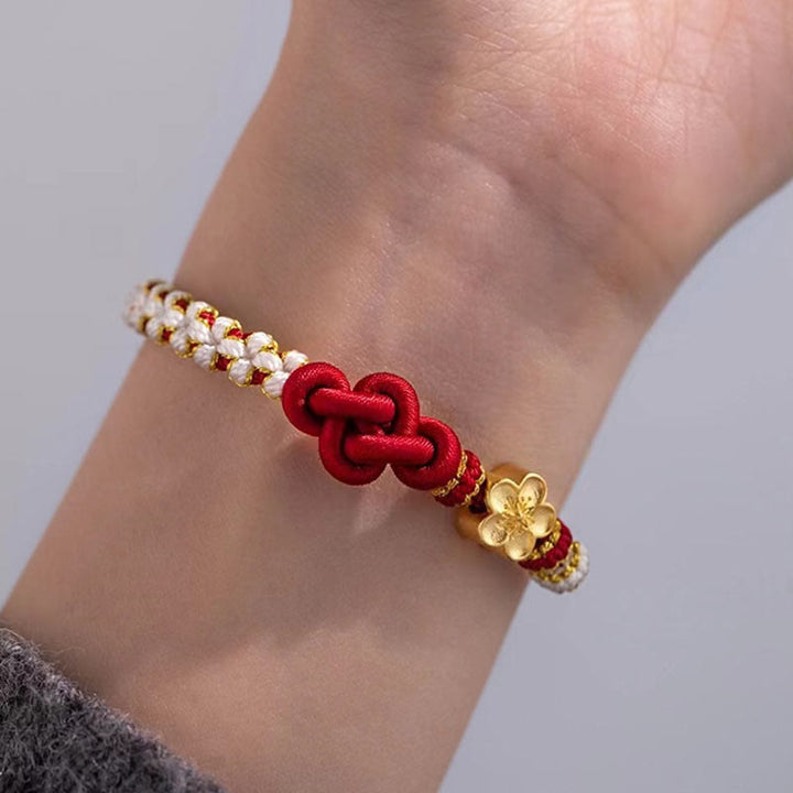 Pulsera de cuerda de la suerte con dije de flor de melocotón, nudo de amor verdadero hecho a mano con Buddha Stones