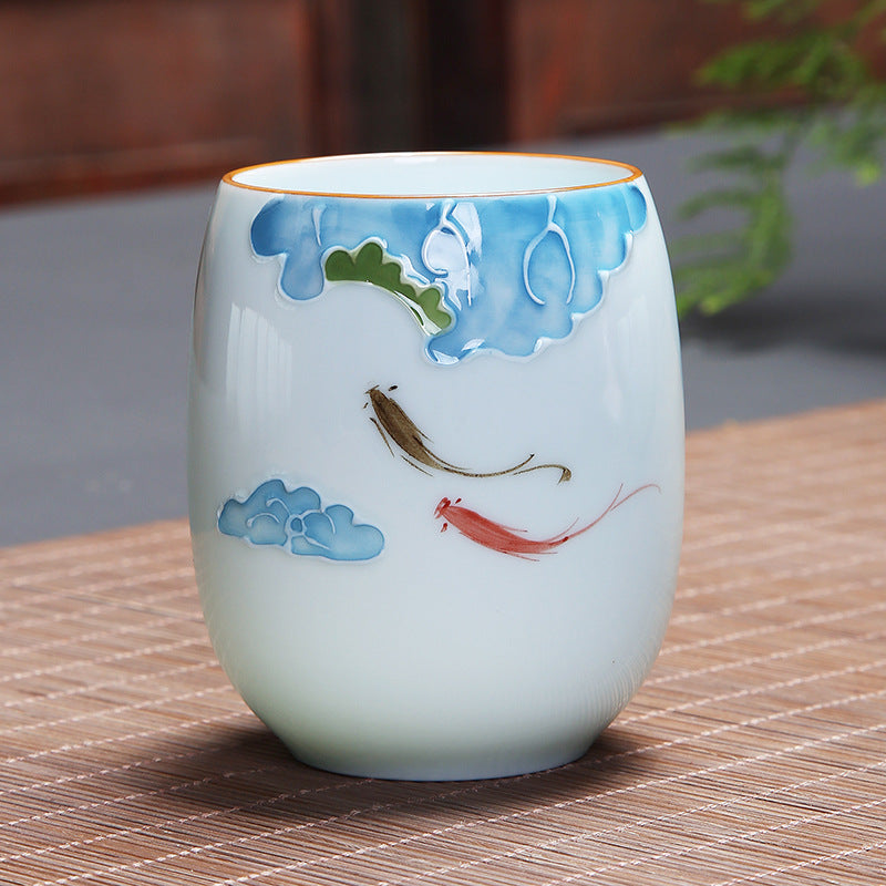 Taza de té de cerámica con Buddha Stones, pez Koi, paisaje de loto, diente de león, flor de peonía, taza de té de Kung Fu