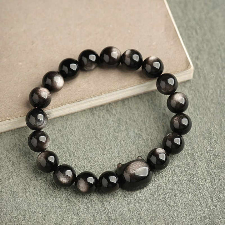Buddha Stones Obsidiana con brillo dorado Obsidiana con brillo plateado Pata encantadora Pulsera de protección del gato de la suerte - image 26