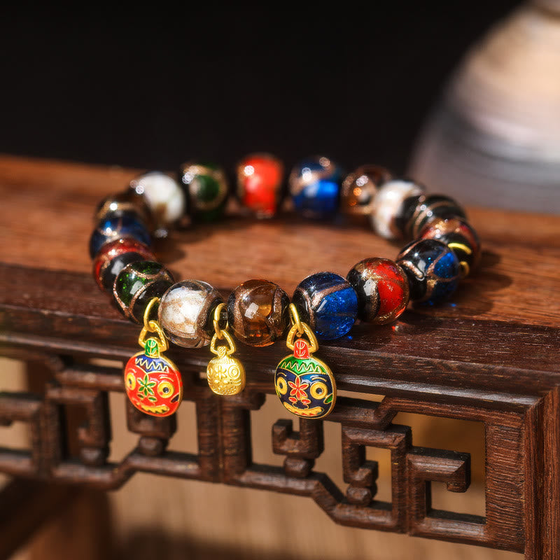 Pulsera de la suerte con cuentas de cristal Liuli, Buddha Stones, cinco elementos, oro, bestia tragadora, familia - Familia de bestias tragadoras medianas de color rojo, azul y dorado de Liuli Glass Bead & - 14 mm (15 cuentas) - image 3