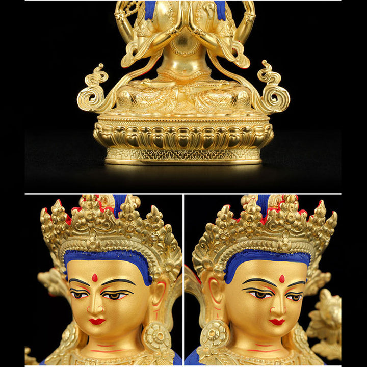 Chenrezig-Estatua chapada en oro y cobre con protección Avalokitesvara de cuatro brazos, decoración