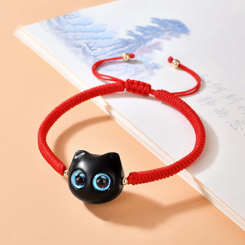 Pulsera trenzada con nudo de King Kong de la paz con patrón de cabeza de gato de madera de ébano con Buddha Stones - Cuerda roja (circunferencia de la muñeca: 14-18 cm) - image 9