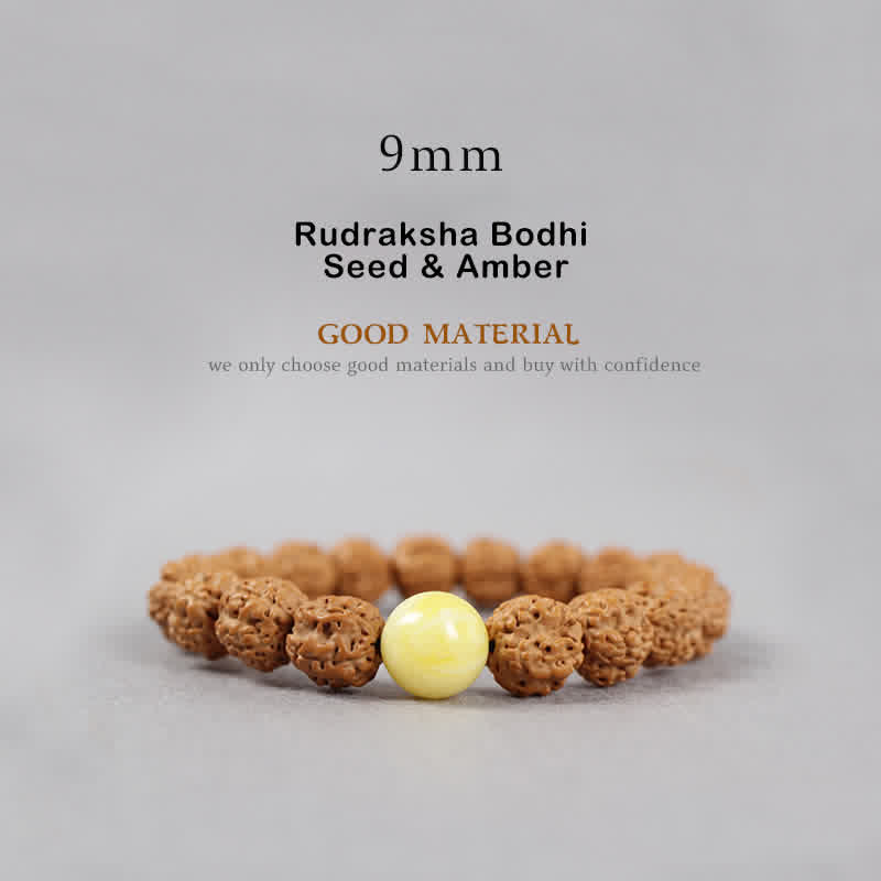 Buddha Stones Tíbet Rudraksha Bodhi Semilla Dzi Cuenta Ámbar Turquesa Pulsera de Riqueza - 9 mm - Semilla de Rudraksha Bodhi y Ámbar - image 2