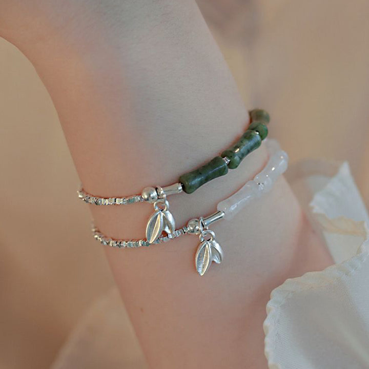 Pulsera de la suerte con patrón de bambú y peridoto de plata de ley 925 con Buddha Stones