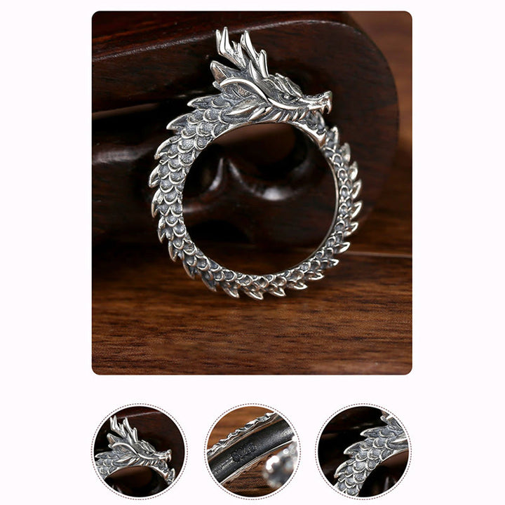 Anillo ajustable de plata de ley 925 con Buddha Stones , diseño de dragón vintage, protección del éxito, fuerza