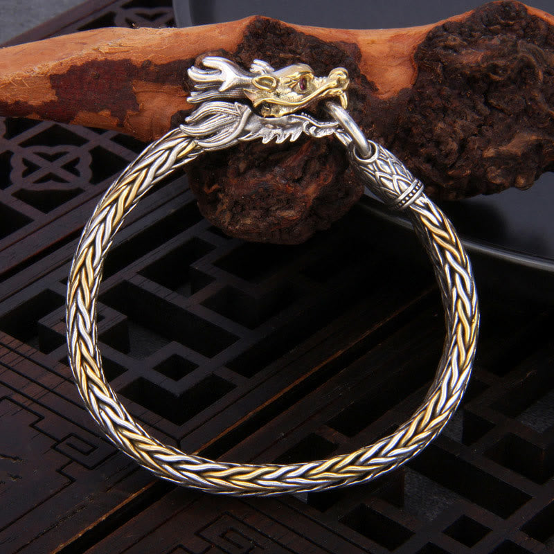 Pulsera de diseño trenzado de metal con protección de dragón auspicioso del año del dragón de plata de ley 925 con Buddha Stones - 22 cm apto para circunferencia de muñeca de 20 cm - image 0