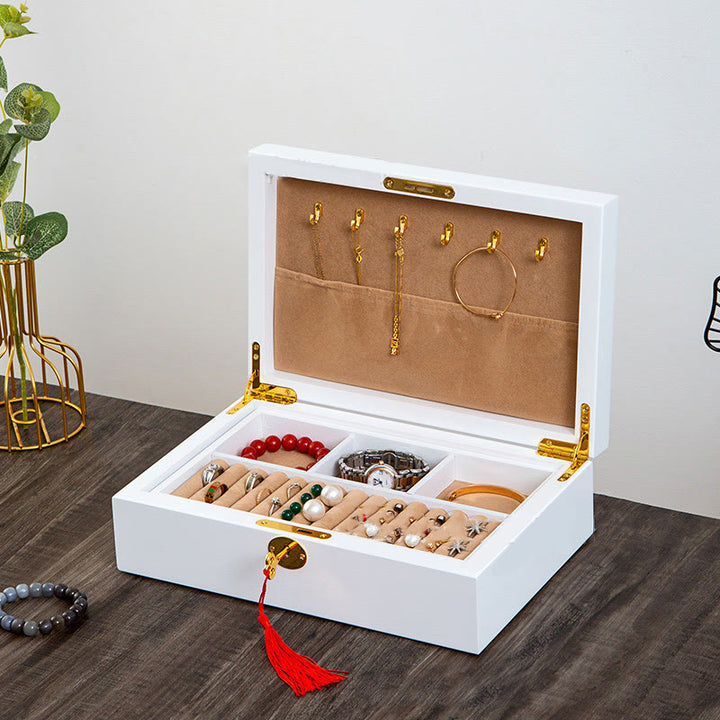 Caja de joyería de madera vintage con Buddha Stones, caja de almacenamiento de joyería de madera maciza de dos capas