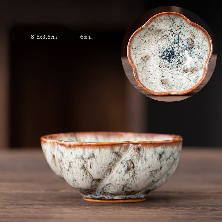 Tazas de té de cerámica con diseño de flor de melocotón y Buddha Stones