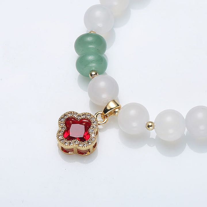 Buddha Stones Ágata blanca natural Ágata roja Bolsa de dinero Personaje Fu Pulsera de protección de trébol de cuatro hojas