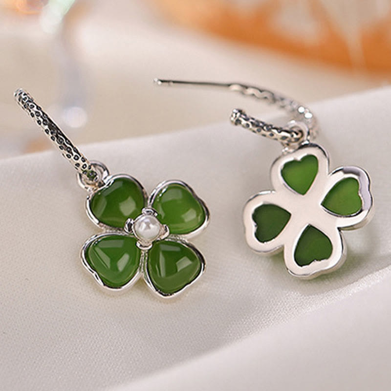 Pendientes de plata de ley 925 con Buddha Stones , jade cian natural, trébol de cuatro hojas, suerte y éxito
