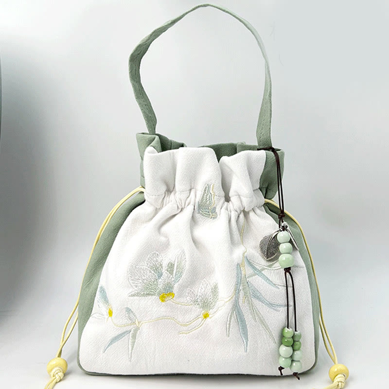 Bolso bandolera con Buddha Stones, bordado, mariposa, loto, magnolia, algodón y lino