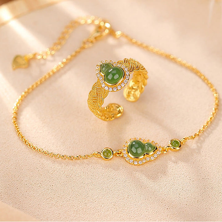 Juego de anillos y pulsera de la suerte con forma de calabaza de jade cian hetiano natural chapado en plata de ley 925 con Buddha Stones