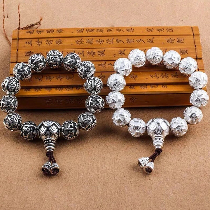 Pulsera de amuleto de cuentas de aleación tallada Om Mani Padme Hum tibetano con Buddha Stones